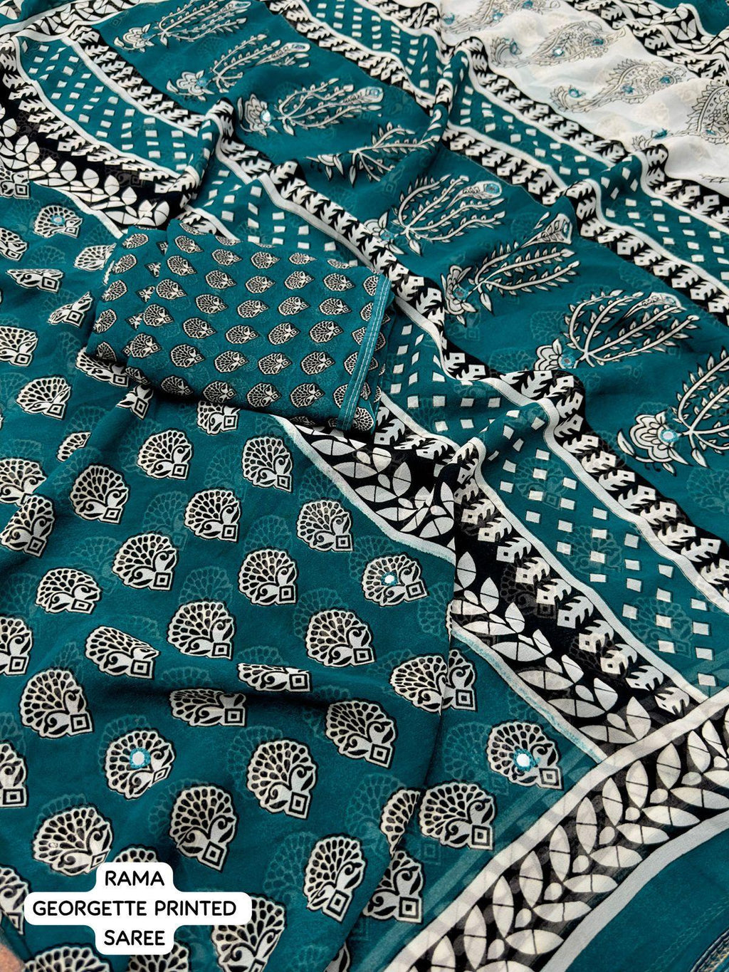 Rama Poly Georgette Ajrak Saree with Unstitched Blouse - A2M | Grocsy