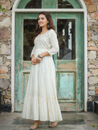 Kaajh Women's Off-White Floral Embroidered Cotton Ethnic Dress | Grocsy