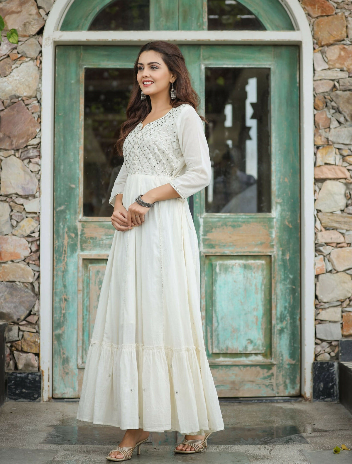Kaajh Women's Off-White Floral Embroidered Cotton Ethnic Dress | Grocsy