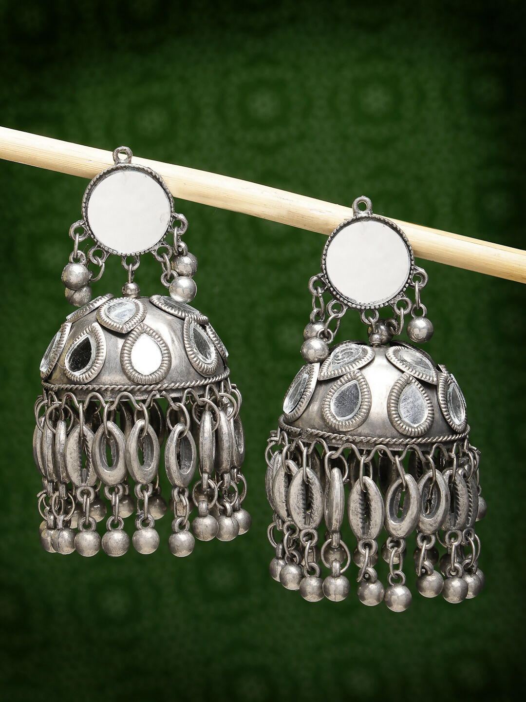 NVR Women's Silver Plated Mirror Work Oxidised Contemporary Jhumka Earrings | Grocsy