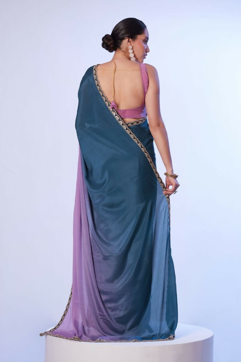 Teal Blue Chinon Solid Designer & Lace Work Saree - Samaa | Grocsy