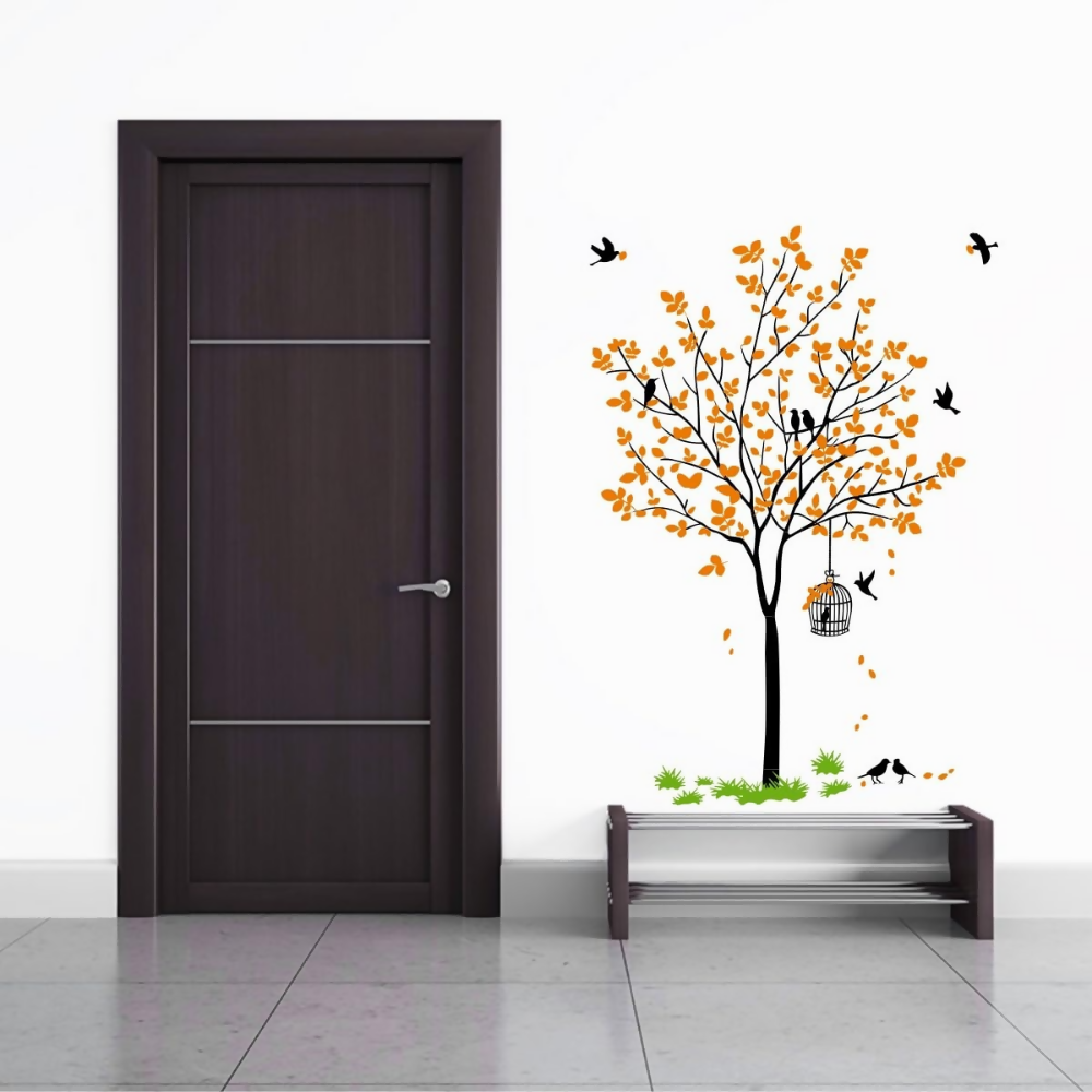 Decal O Decal Vinyl Orange Tree with Birds Cage and Nest Self Adhesive Wall Sticker | Grocsy