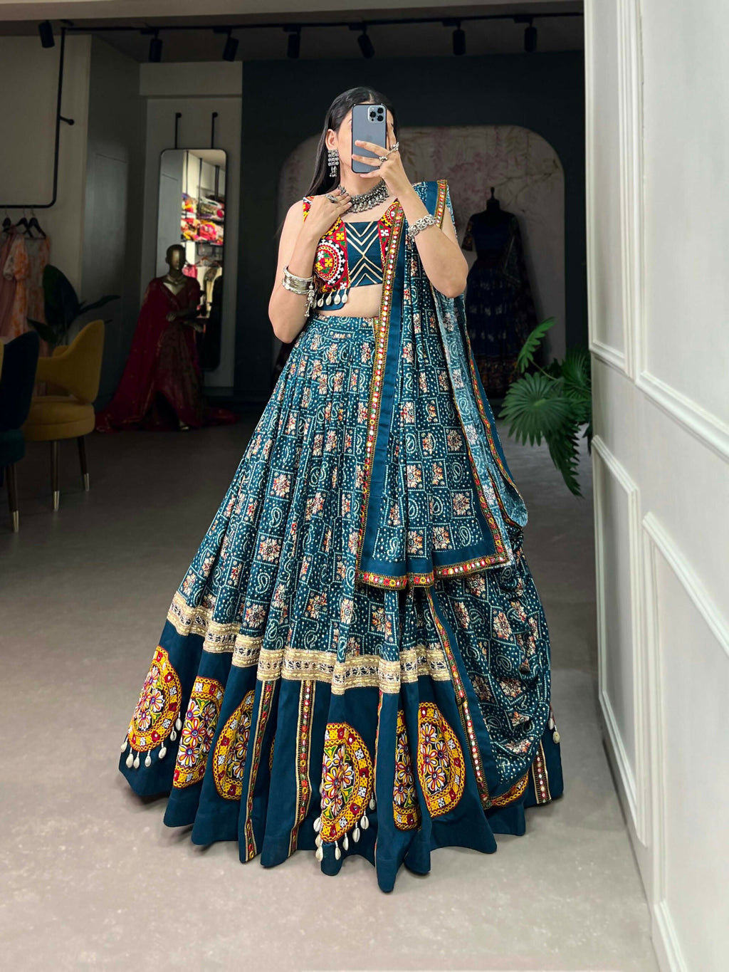Vastranavya Navaratri Special Pure Rayon Printed With Foil Work And Gamthi Patch Work With Lace Touch Up Lehenga with Stitched Blouse - Teal | Grocsy