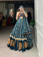 Vastranavya Navaratri Special Pure Rayon Printed With Foil Work And Gamthi Patch Work With Lace Touch Up Lehenga with Stitched Blouse - Teal | Grocsy