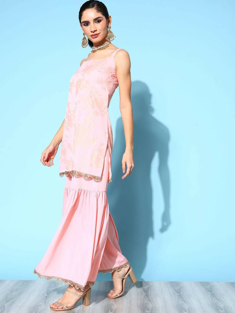 Ahalyaa Women's Baby Pink Crepe Gold Smoke Printed Kurta Sharara Set With Dupatta | Grocsy