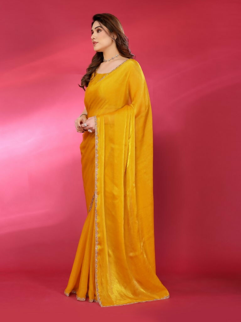 PR Fashion Yellow Jimmy Choo Fabric Palin With Work Lace Saree | Grocsy