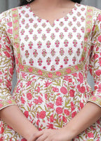 Jaimini Women Cotton Printed Round Neck Calf Length Flared Kurta Pant And Dupatta Set | Grocsy