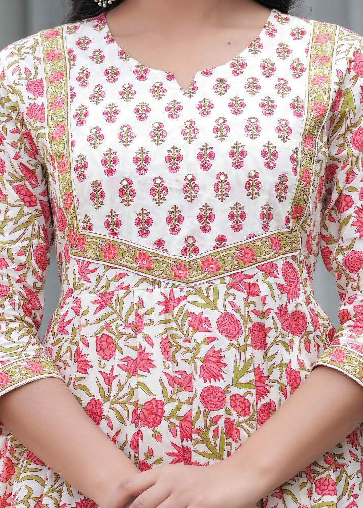Jaimini Women Cotton Printed Round Neck Calf Length Flared Kurta Pant And Dupatta Set | Grocsy
