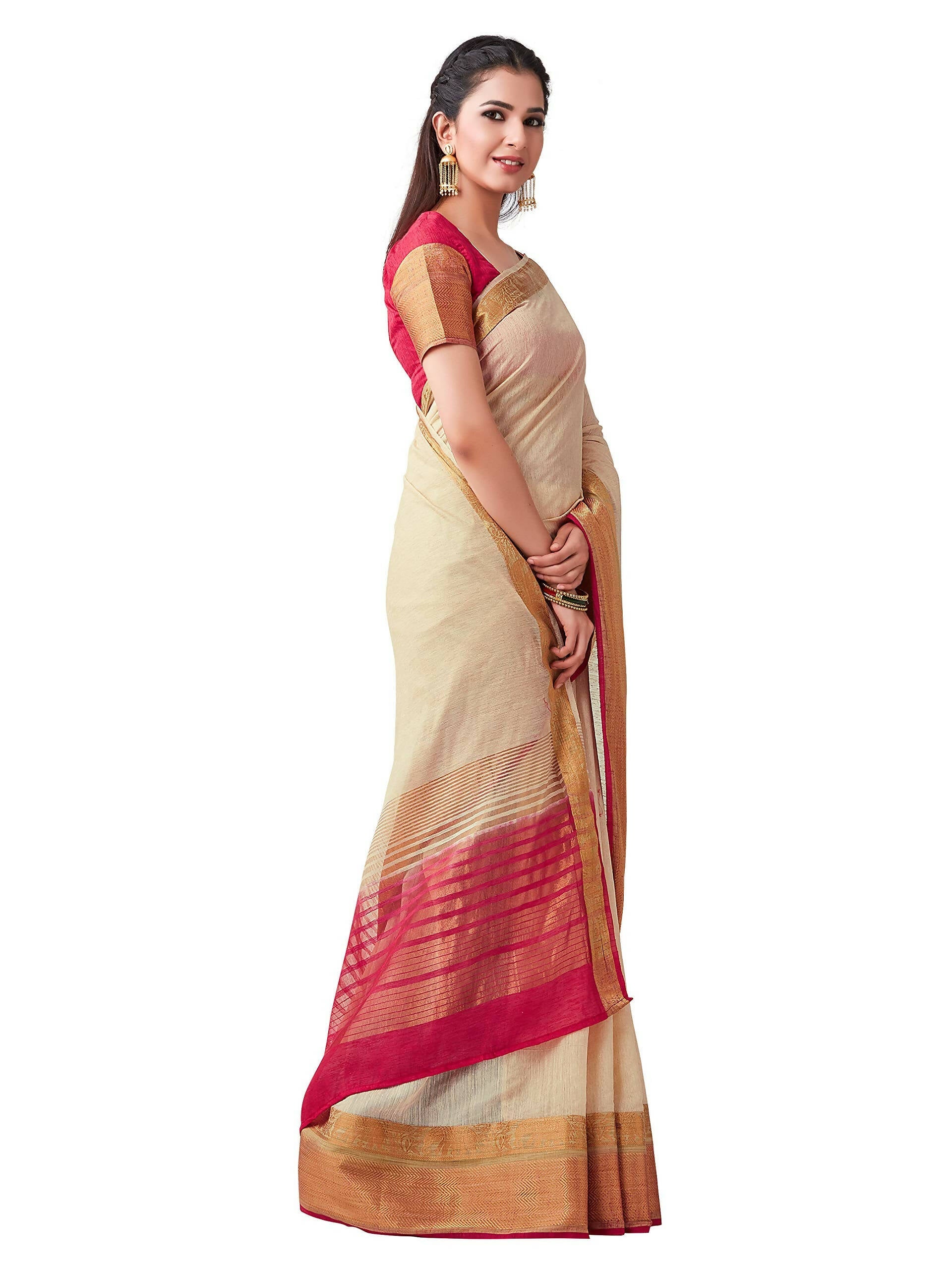 Mimosa Women's Beige Kanchipuram Linen Saree | Grocsy