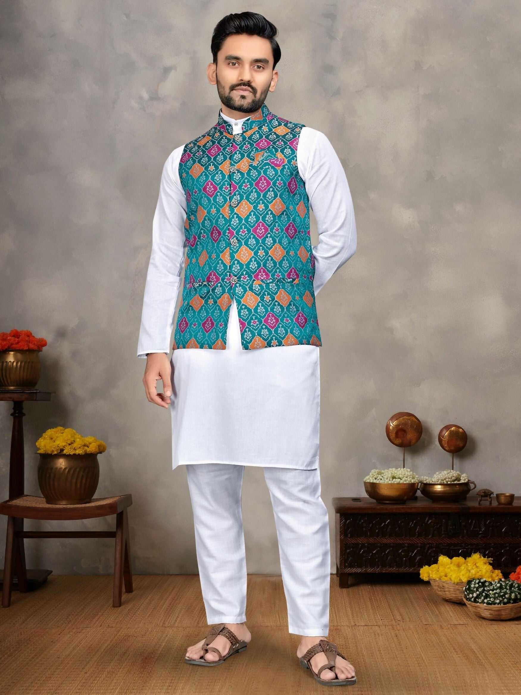 Anaita Blue Cotton Straight Kurta Pajama & Kurta With Jequard Work | Grocsy