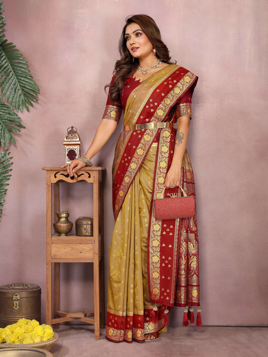 Aastha Fashion Mustard Kalamkari Silk Zari Woven Saree | Grocsy
