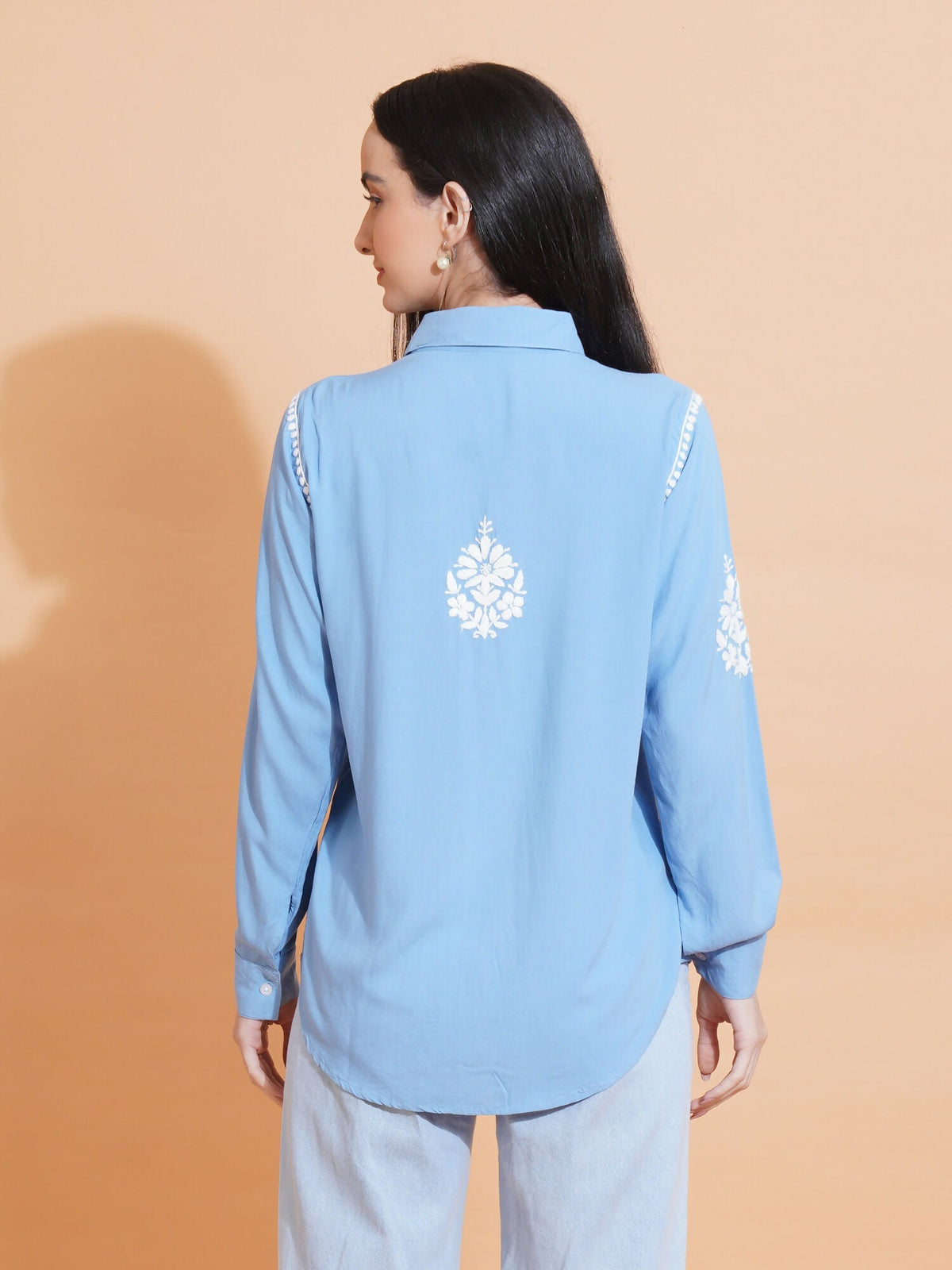 Pahnaz Modal Chikankari Handwork Shirt-Blue | Grocsy