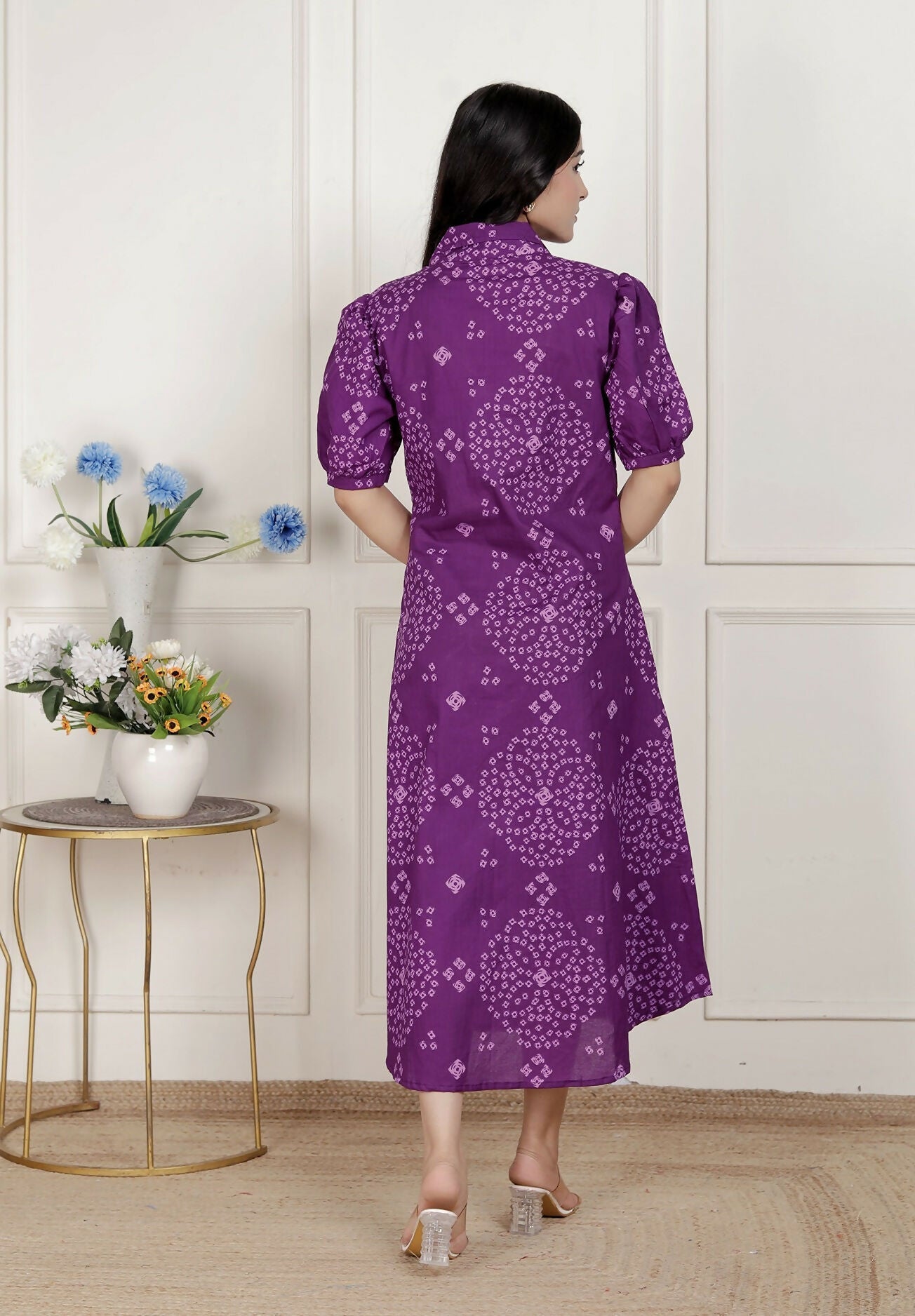 Miravan Womens Purple Bandhani Printed A-Line Maxi Dress | Grocsy
