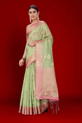 Green Soft Organza Woven Design Saree With Unstitched Blouse Piece - Zaara | Grocsy