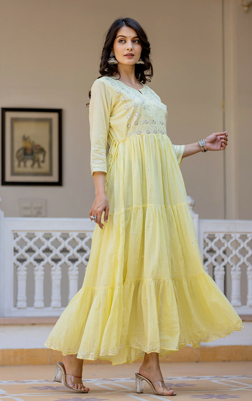 Kaajh Women's Yellow Embroidered Ethnic Dress | Grocsy