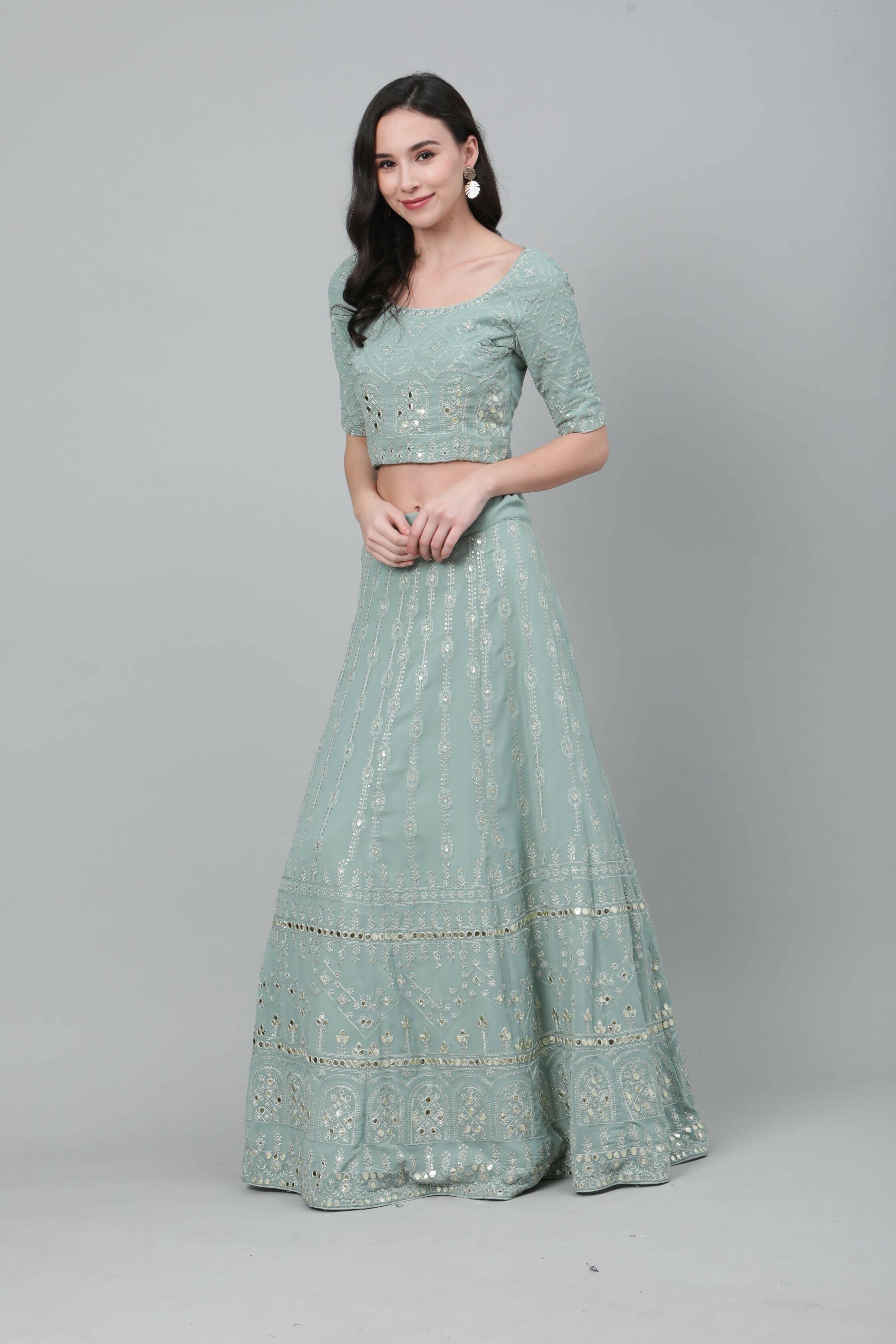 Dusty Green Georgette Sequins Embroidery with Mirror work Lehenga Choli with Dupatta - Jivika | Grocsy