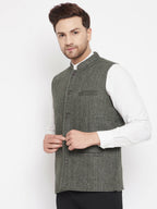 Even Apparels Green Wool Men Woven Nehru Jacket | Grocsy