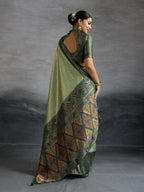 PR Fashion Grey Kanjivaram Soft Silk Kadiyal Pattern Double Zari Woven Patta, Meenakari Woven Pallu Saree | Grocsy