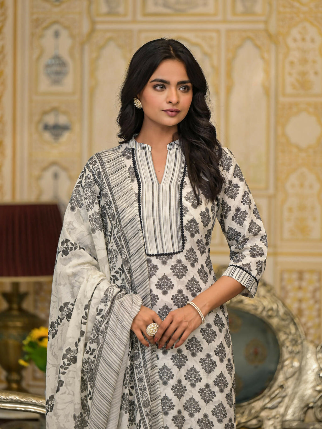 Juniper Women's White Floral Printed Cotton Kurta Pant With Dupatta Set With Lace | Grocsy