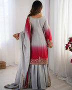 The52 Women's Beautiful Chinon silk Fabric Embroidery Work Straight Kurta Palazzo and Dupatta Set | Grocsy
