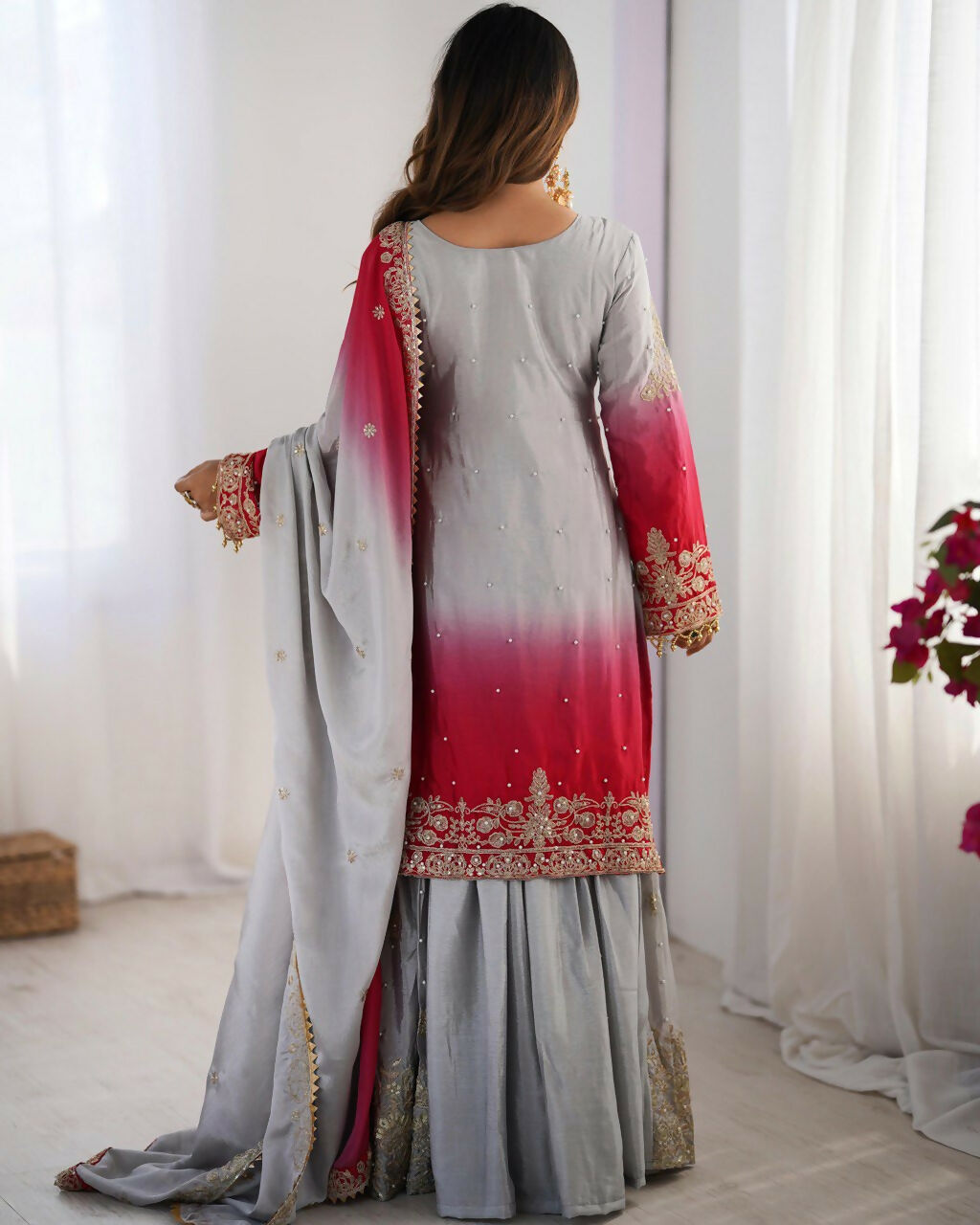 The52 Women's Beautiful Chinon silk Fabric Embroidery Work Straight Kurta Palazzo and Dupatta Set | Grocsy