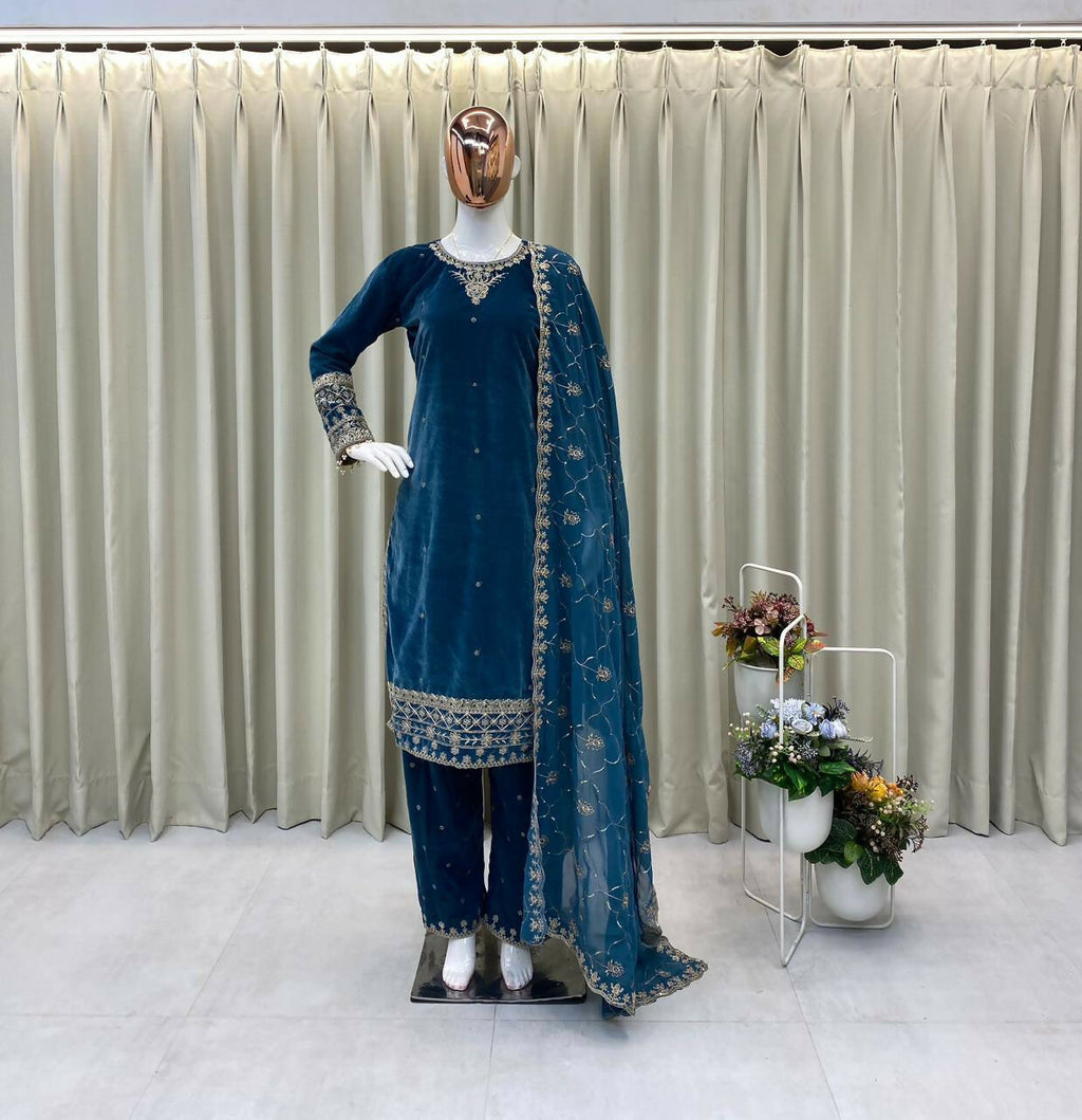 Vastranavya Blue Velvet Sequence Embroidery Work Kurta & Bottom With Dupatta | Grocsy