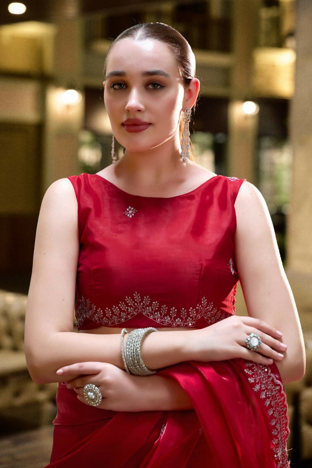 Vastranavya Red Embroidery Work Shimmer Chiffon Saree with Unstitched Blouse | Grocsy