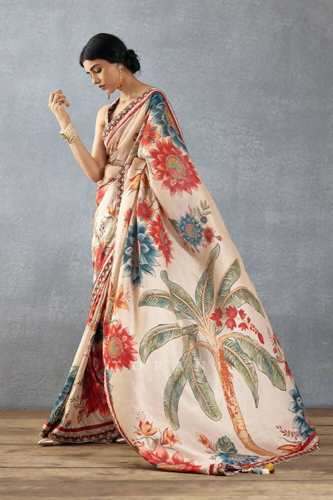 Beige Bright Moss Designer Digital Printed Party Wear Saree - Be Verly | Grocsy