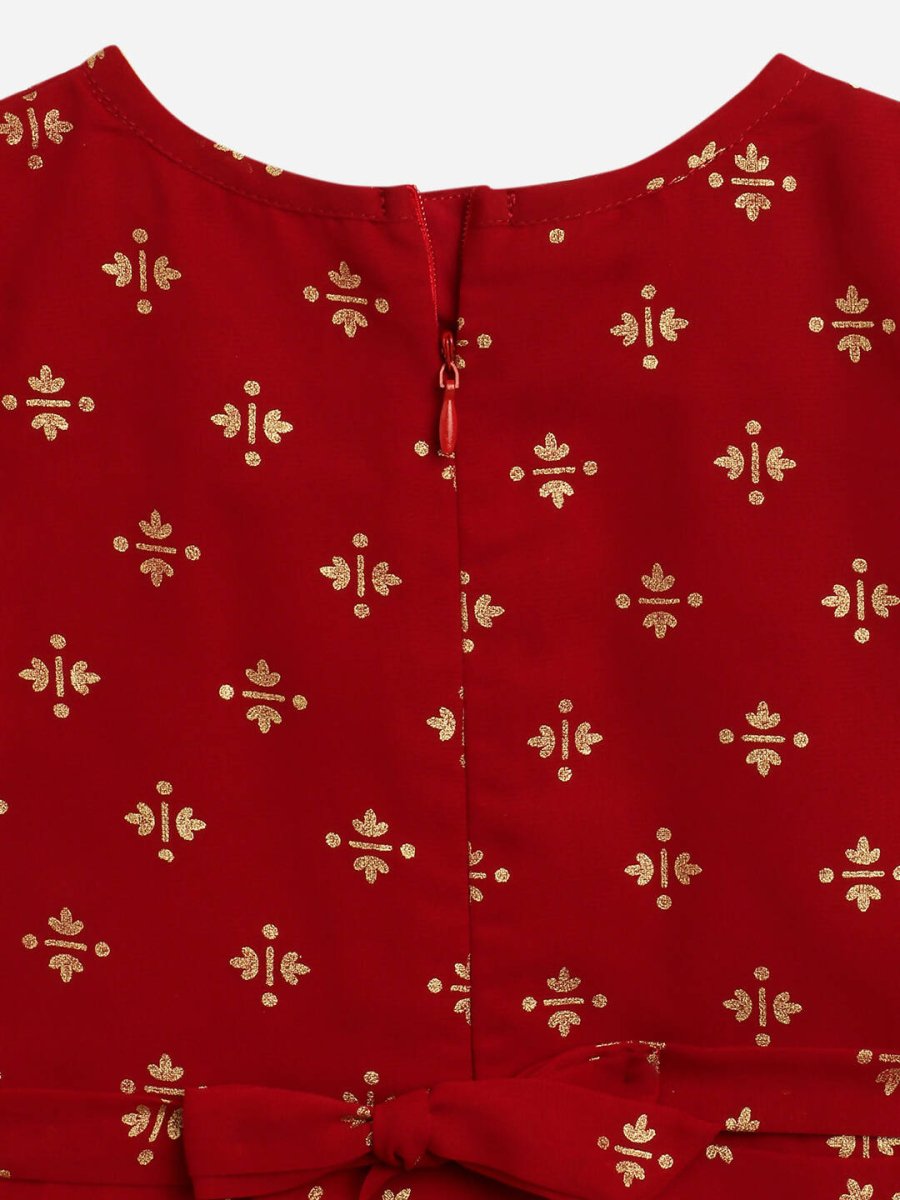 Ahalyaa Maroon Georgette Gold Foil Print Kids Peplum style Kurta Sharara Set With Dupatta For Girls | Grocsy