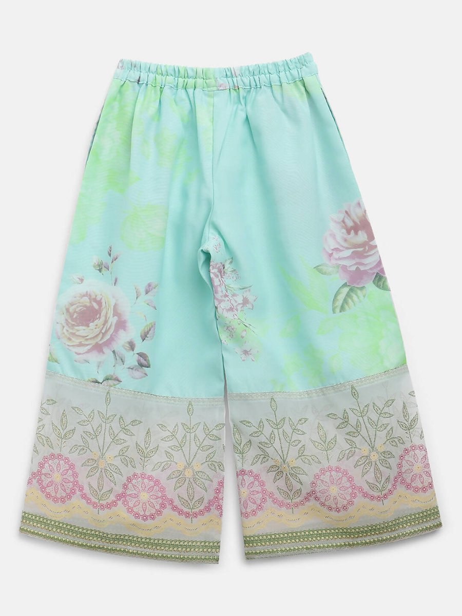 Ahalyaa Aqua Blue Crepe Printed Kids Kurta Palazzo Sets For Girls | Grocsy