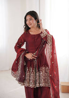 Teeya Creation Maroon Color Fendy Satin Silk Embroidery Work Party Wear Salwar Suit | Grocsy