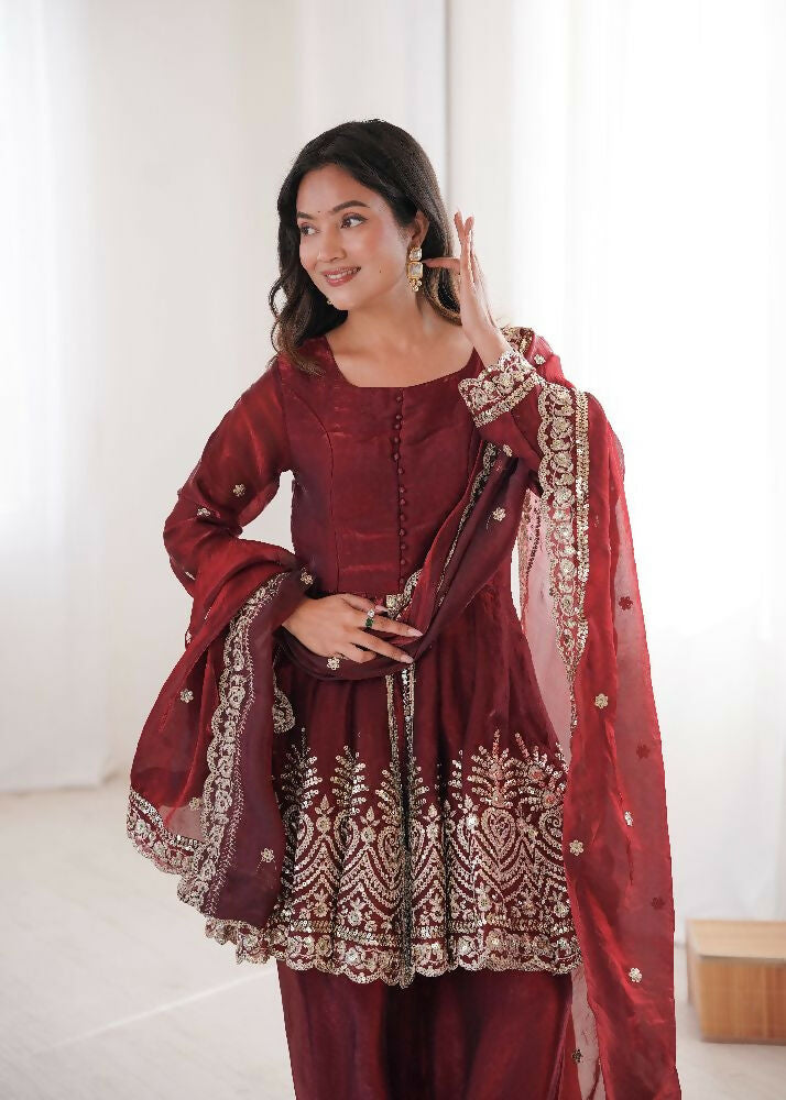 Teeya Creation Maroon Color Fendy Satin Silk Embroidery Work Party Wear Salwar Suit | Grocsy