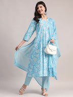 Aavyora Women's Sky Blue Floral Printed A-Line Kurta with Pintucks, Striped Pants & Dupatta Set | Grocsy