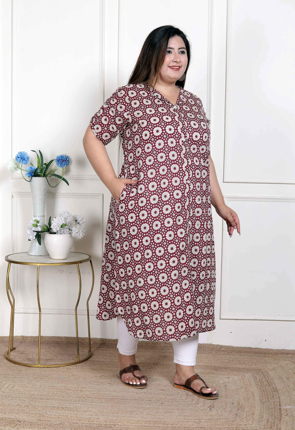 Miravan Women's Plus Size Cotton Floral Printed Cream A-Line Kurta with Buttons | Grocsy