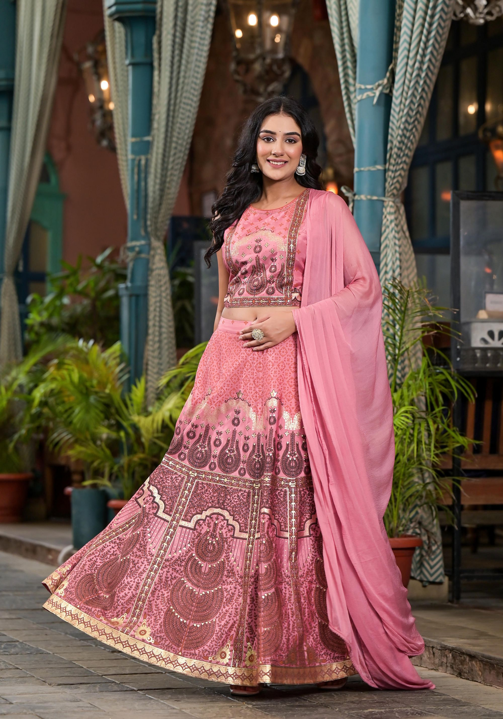 Juniper Women's Pink Ethnic Motif Printed Lehenga Set With Sequins & Gota Patti | Grocsy