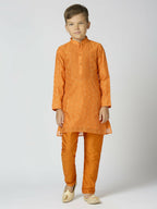 Joban Fashion Kids Island Full Sleeves Chanderi Kurta, Pyjama Set with Traditional Butta Work - Orange | Grocsy