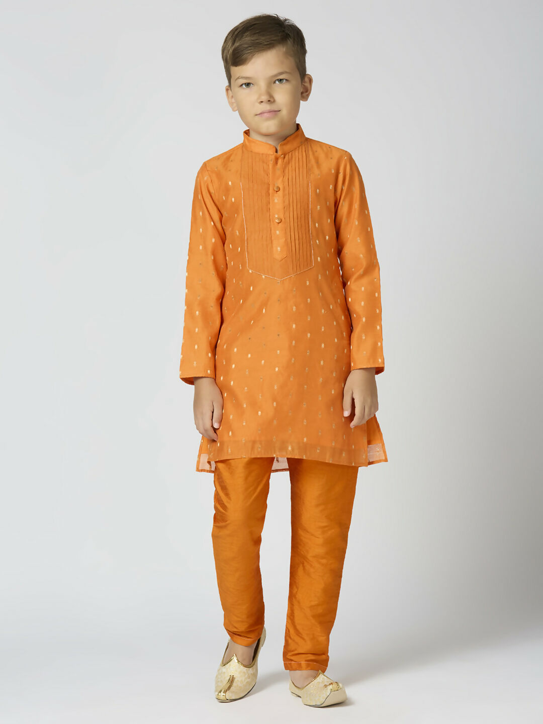Joban Fashion Kids Island Full Sleeves Chanderi Kurta, Pyjama Set with Traditional Butta Work - Orange | Grocsy