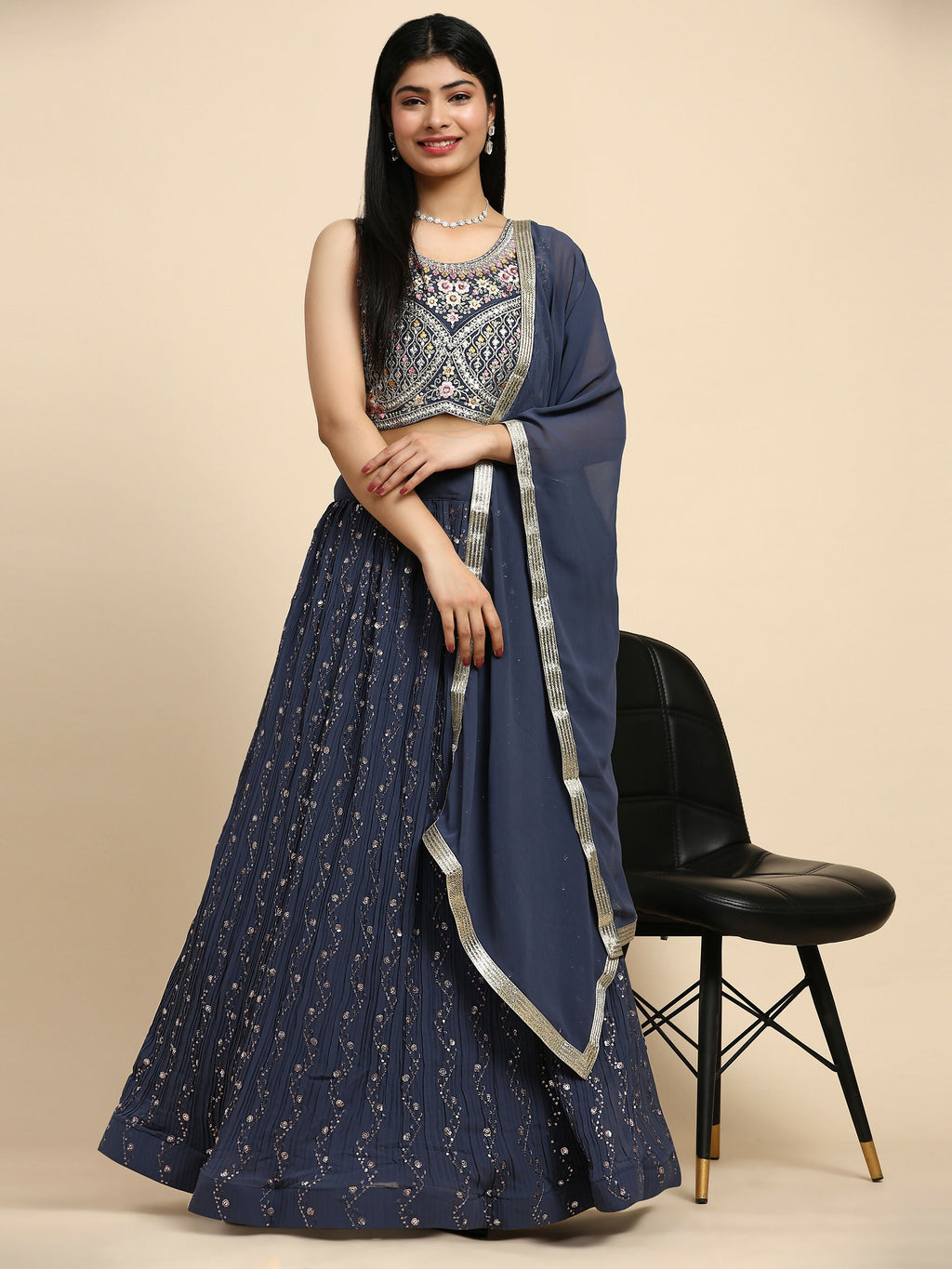 Dark Grey Georgette Embroidered Lehenga choli with Dupatta - Dhara | Grocsy