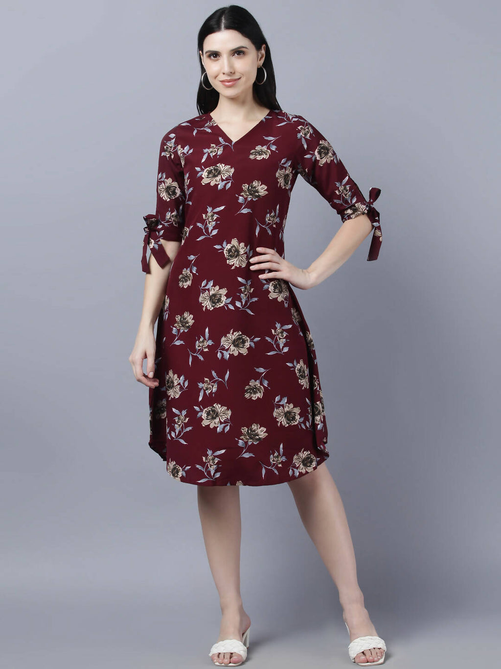 Myshka Women Burgundy Beige Floral Print A-line Dress | Grocsy