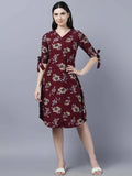 Myshka Women Burgundy Beige Floral Print A-line Dress | Grocsy