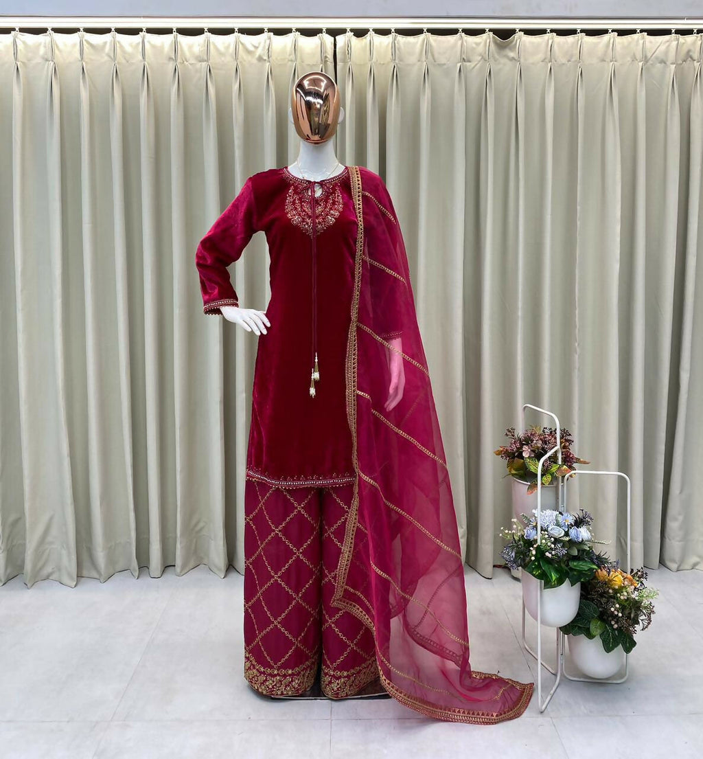 Vastranavya Pink Velvet Sequence Embroidery Work Kurta & Bottom With Dupatta | Grocsy
