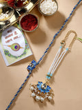 NVR Women & Men Set of 2 Blue Lotus Shape Kundan-Studded & Beaded Handcrafted Wraparound Rakhi Set With Roli Chawal | Grocsy