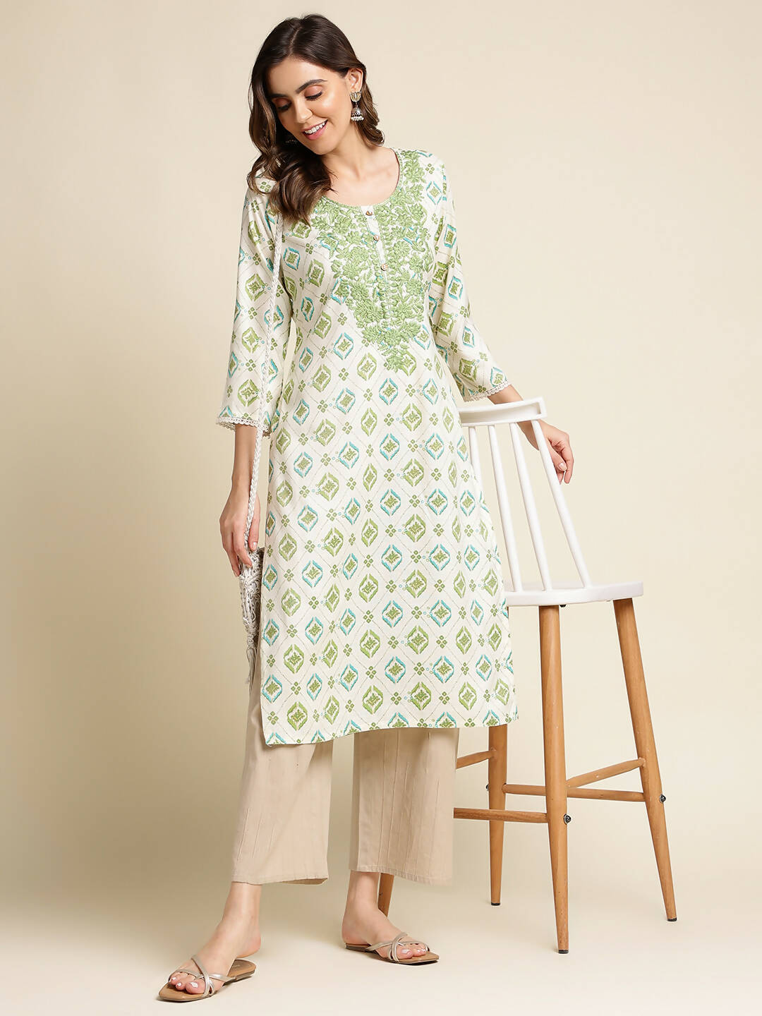 Green Poly Rayon Aztec Printed Straight Fit Kurta - Prasuti | Grocsy