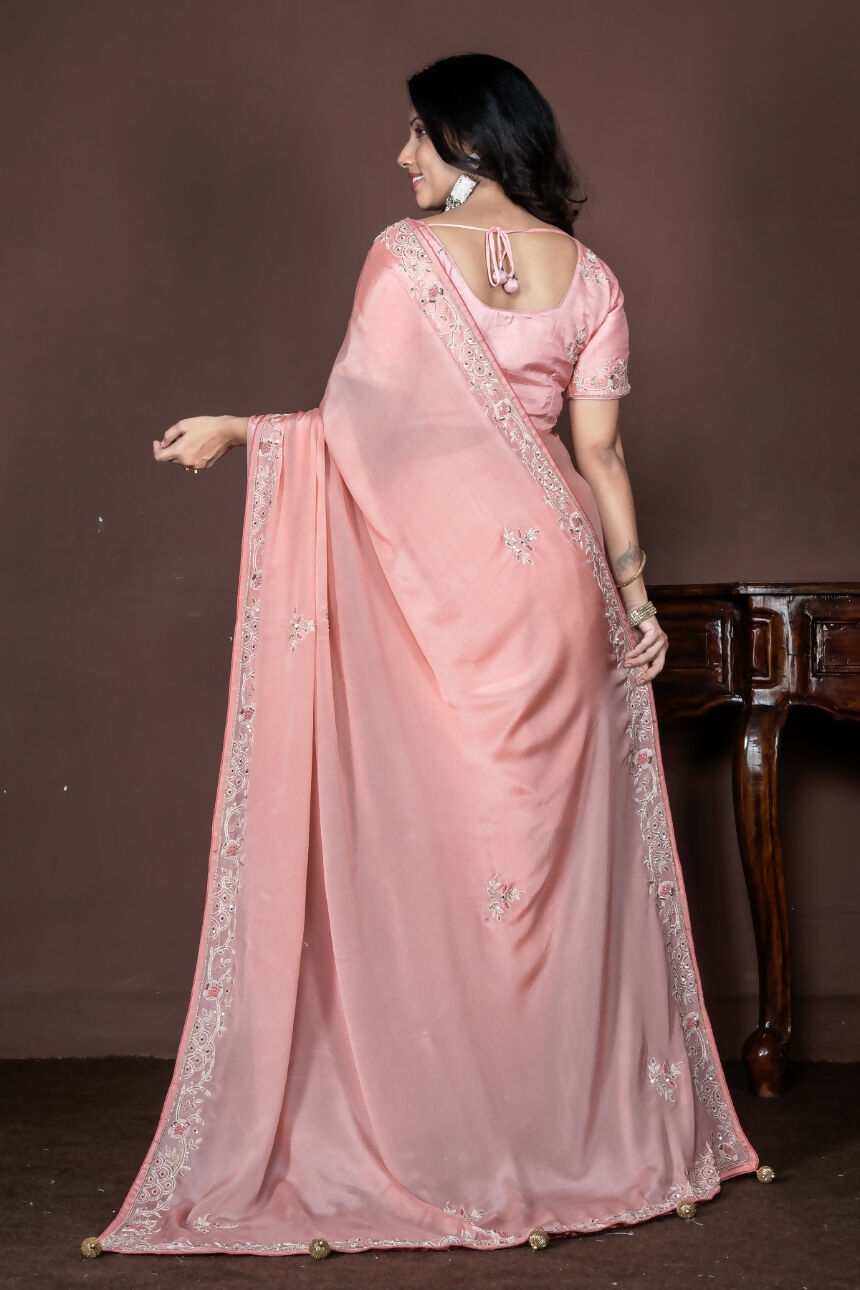 Morchari Peach Chiffon Hand Embroidery Saree Stitched Blouse | Grocsy