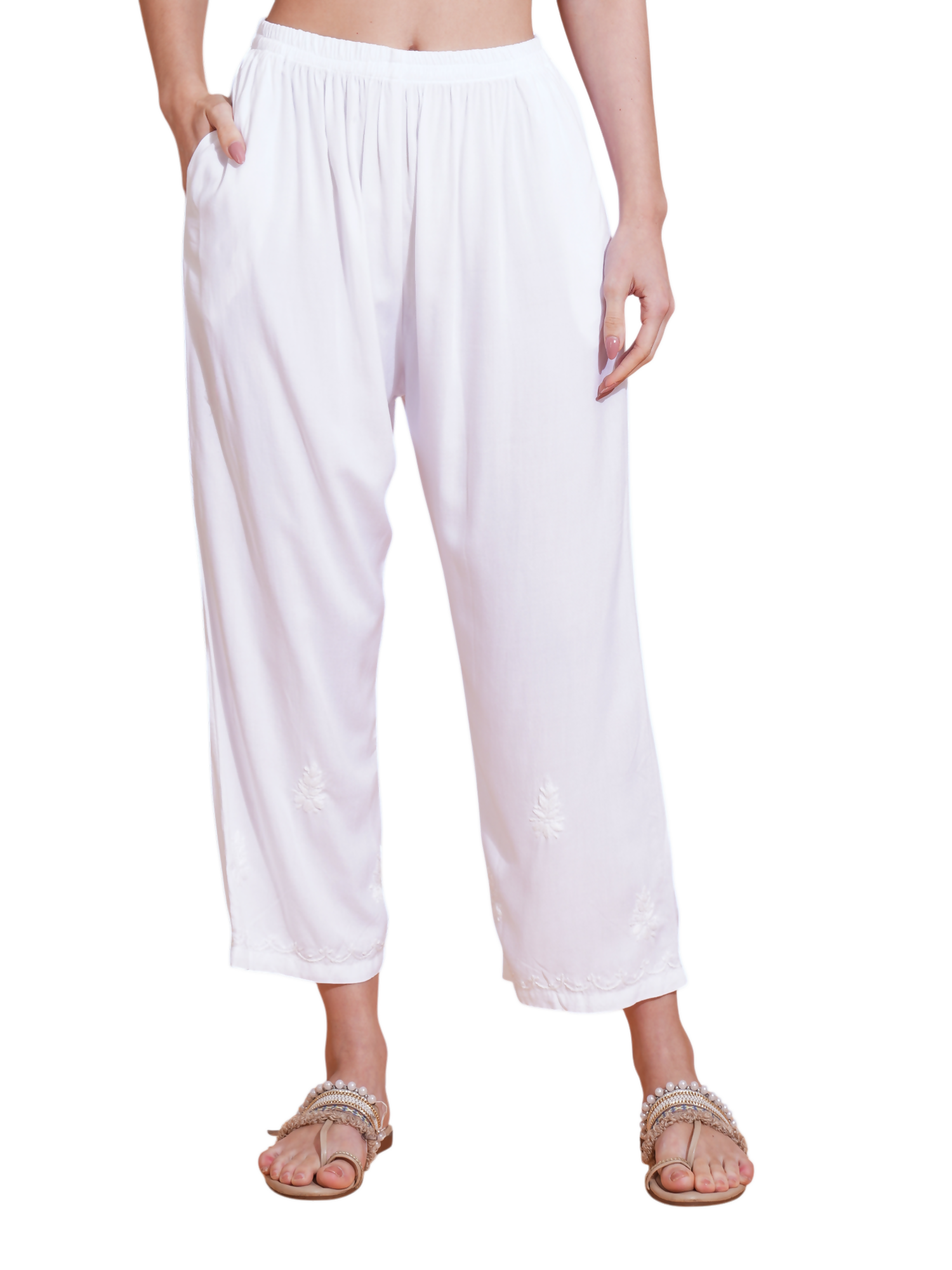 Pahnaz Luxury Rayon Chikankari Handwork Palazzo-White | Grocsy