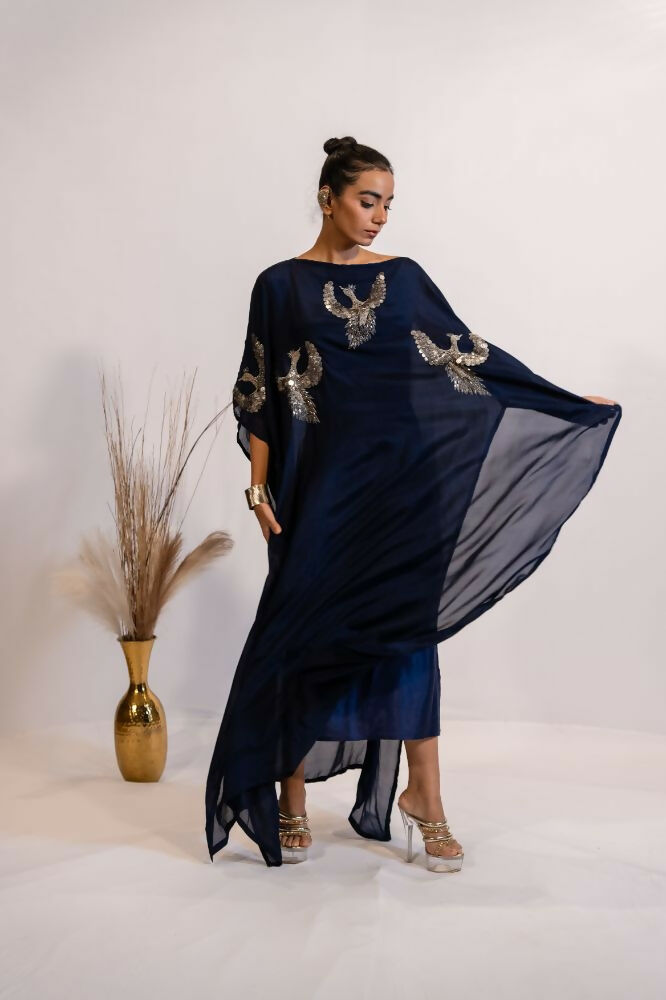Timaraa Regal Navy Blue Embellished Kaftan Dress | Grocsy