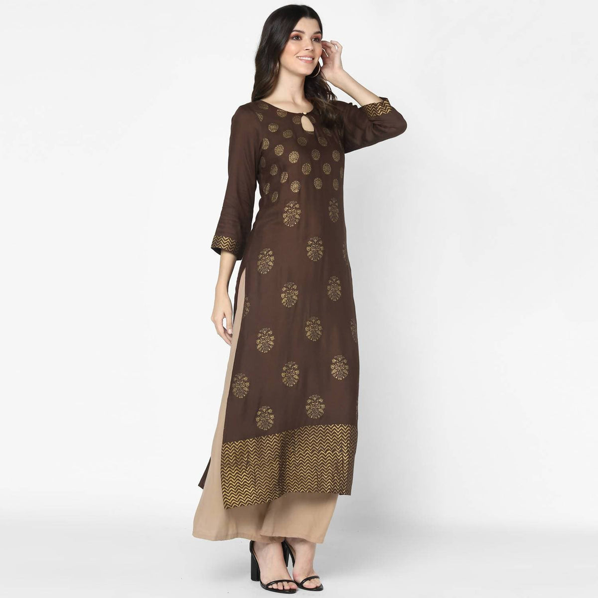 Indian Clothing Cheera Hand Block Print Brown A Line Kurta (MAAI-055K) | Grocsy