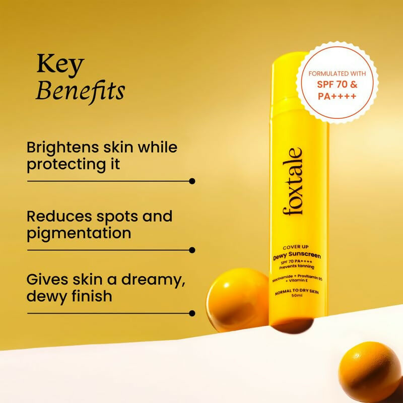 Foxtale Dewy Sunscreen SPF 70 PA++++ With Niacinamide + Provitamin B5 + Vitamin E - Anti-Tan Formula & Spot Depigmentation | Grocsy