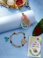 NVR Women & Men Set of 2 Multicolor Stone-Studded & Beaded Bhaiya Bhabhi Rakhi With Roli Chawal & Chocolate | Grocsy