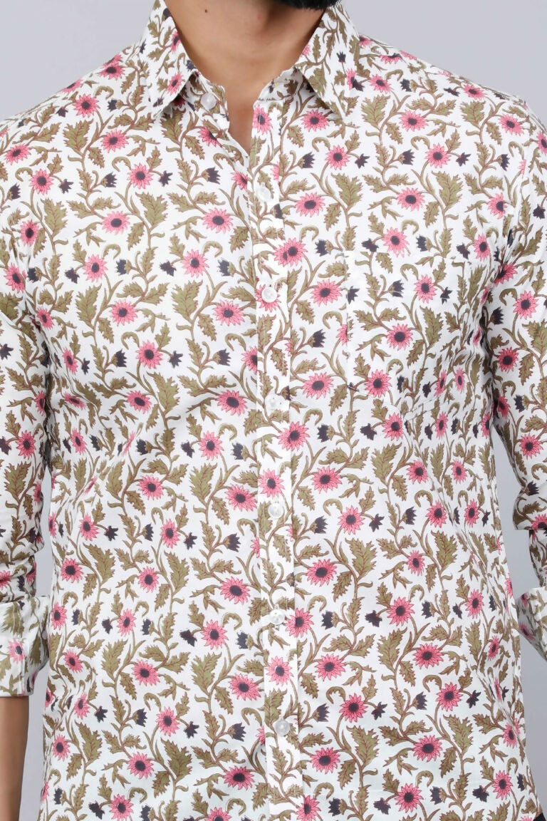 Miravan Men's Cotton Printed Full Sleeve Slim Fit Spread Neck White & Pink Colour Shirt | Grocsy